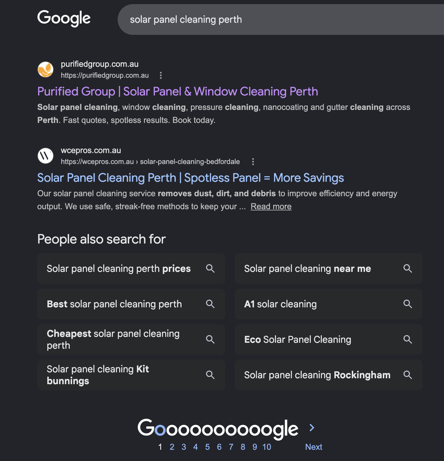 Google search 'solar panel cleaning perth' showing Purified Group on page 1